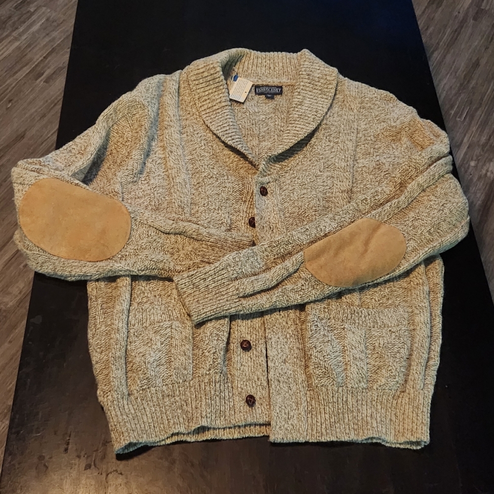 VTG Lands End Wool Cardigan Sweater Mens XL Beige Suede Elbow Cableknit